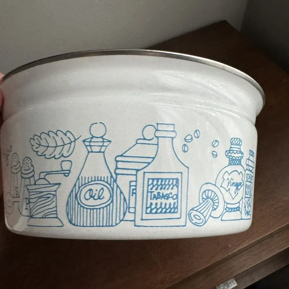 Vintage MCM White Enamel Pot w Lid Blue Kitchen Art Work Blue 4